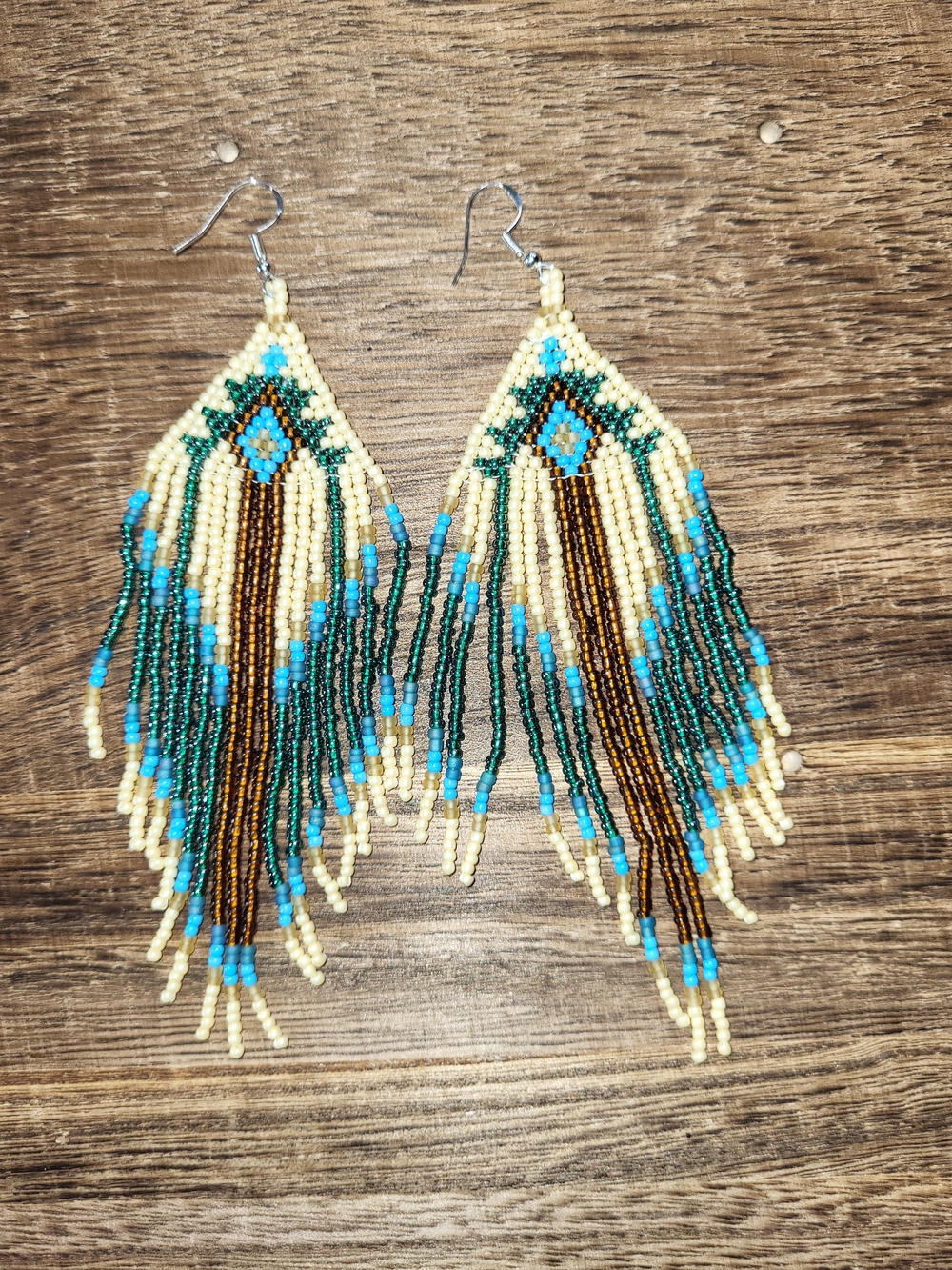 Beaded Fringe Earrings in Cream & Turquoise